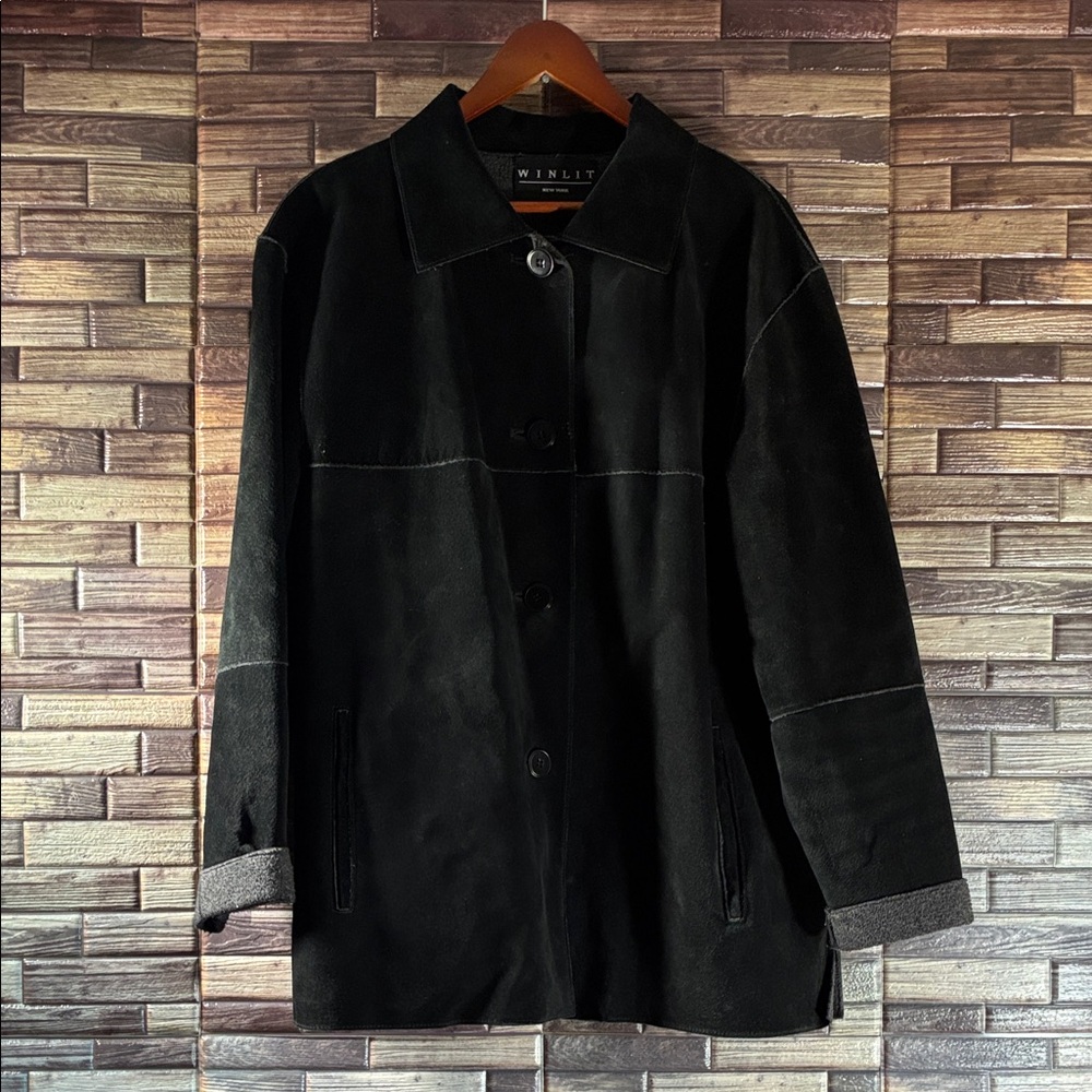 Vintage 90s Y2K Winlit Black Genuine Suede Button Jacket Coat Large